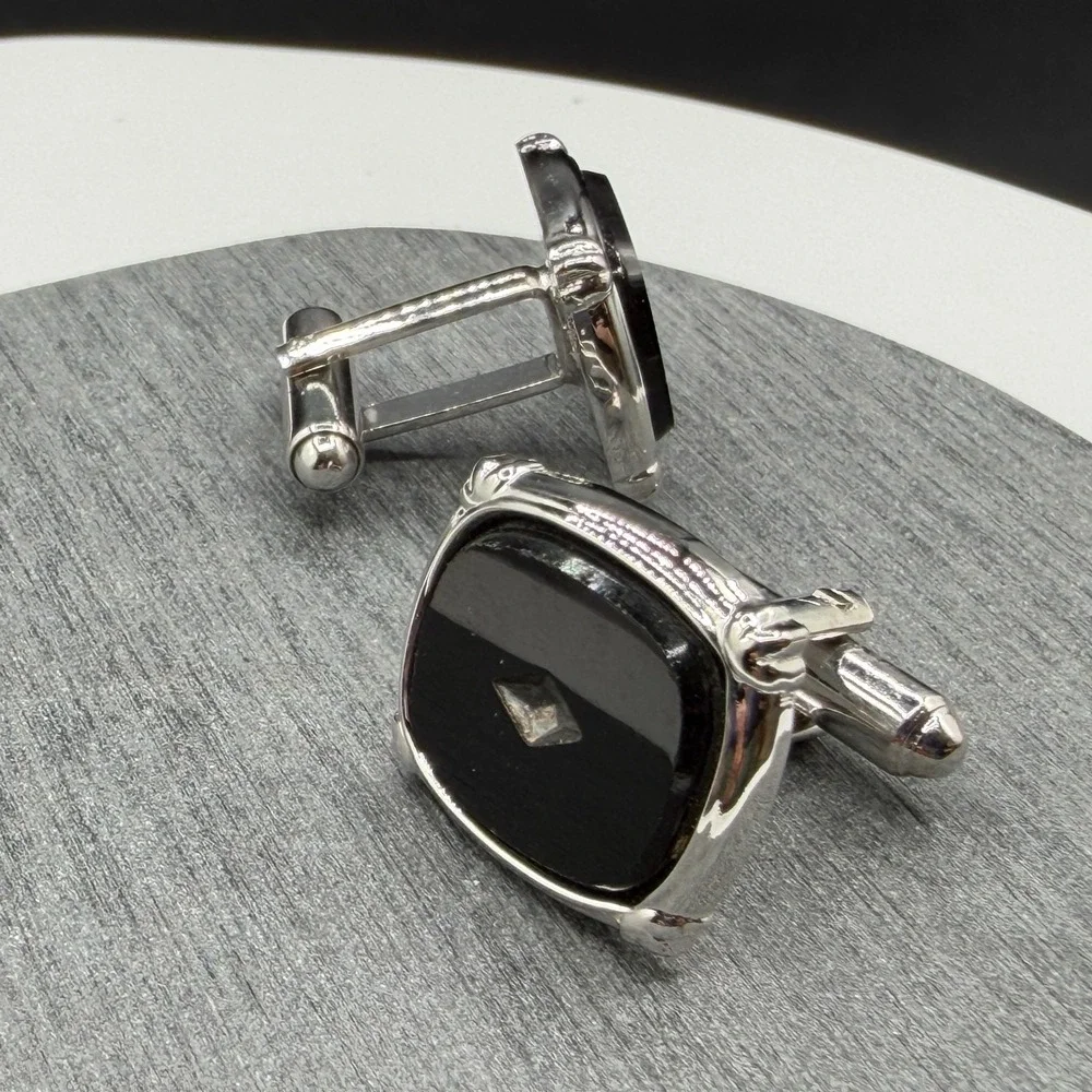 Black Stone Cufflinks Silver Tone Square Rhinestone Formal Wedding Gift for Him